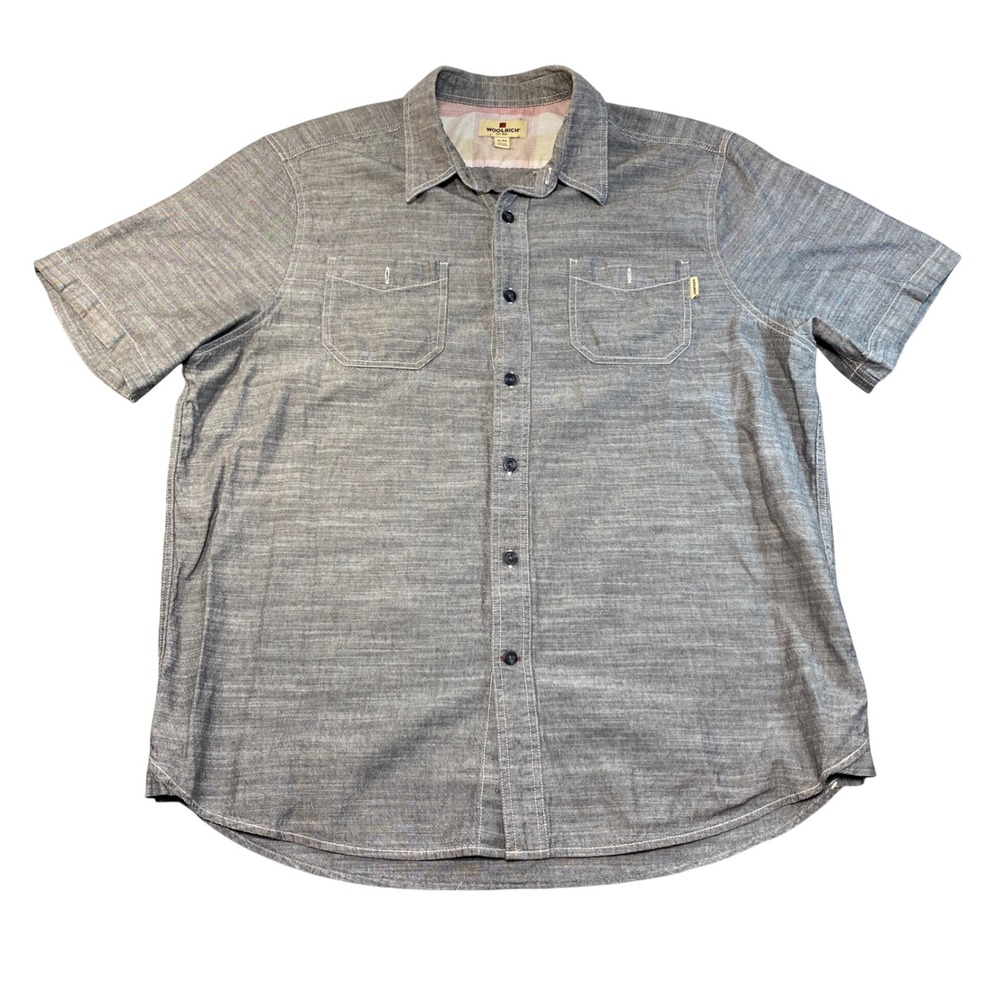 Woolrich Mens XL Grey‎ Cotton Chambray Short Sleeve Button Down Shirt